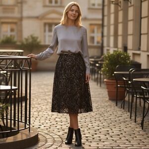 Le Suit Womens 14 Black Gold Floral Lace Jacquard Pencil Skirt B3109 Knee Length